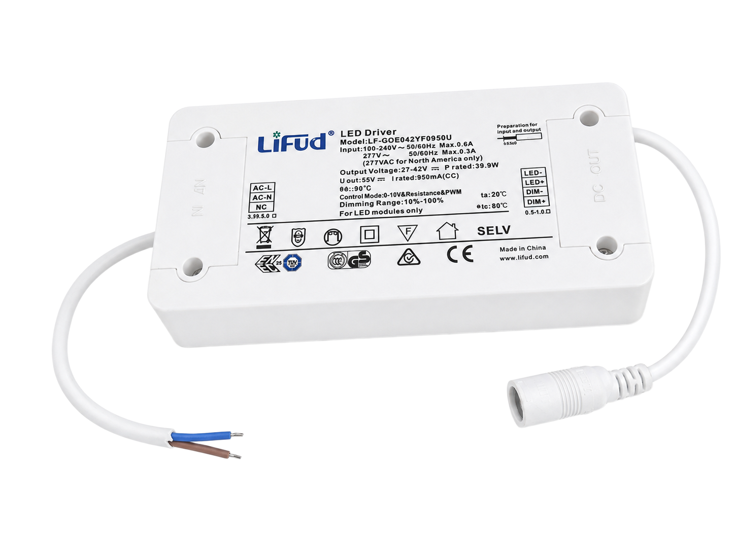 Stmívatelný LED driver 0-10V 950mA 40W - pohled na tělo zdroje